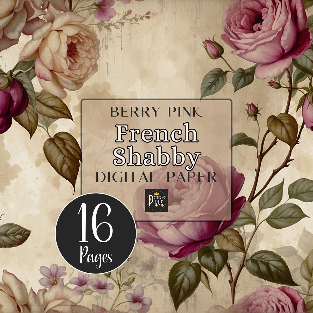 French Shabby Chic Digital Paper Pack, Berry Pink Floral (digital ...