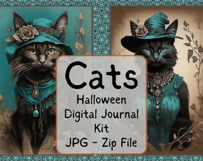 Halloween Black Cat Witch Junk Journal Kit with Ephemera in hues of Teal, Orange and Black