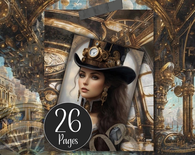 Era of Steampunk Junk Journal Kit Digital Papers Printable Craft Paper Ephemera of Steam Trains, Boats, Hot Air Balloons, Steampunk Ladies