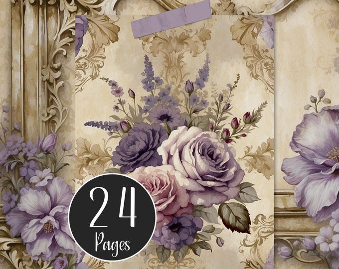 French Lavender Shabby Digital Paper Pack, Purple Floral for Junk Journal Pages, Scrapbooking and Wedding Card Making, Printable