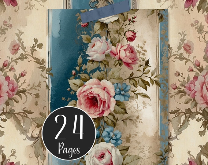French Turquoise Shabby Digital Paper Pack, Floral Junk Journal Pages, Decoupage, Scrapbooking and Wedding Card Making, Journal Printables