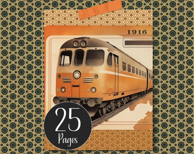 Printable Retro 1960's Journal Kit Digital Orange Papers Ephemera Balloons Train Tickets Postcards Tabs Journal Cards Envelopes and Tags