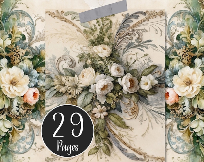 Cream Floral Digital Paper Pack, Floral Junk Journal Background Pages, Decoupage, Scrapbooking and Wedding Card Making