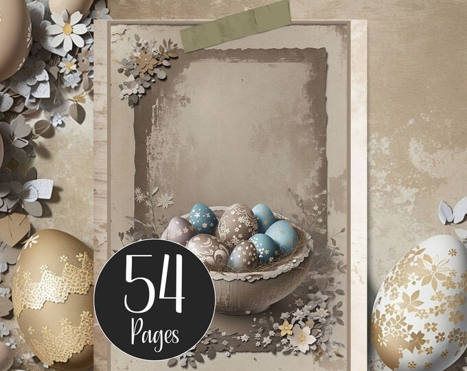 Light Grunge Easter Eggs Junk Journal Kit with Ephemera & Journal Cards, Easter Egg Digital Paper for Journaling, Scrapbooking, Card Making