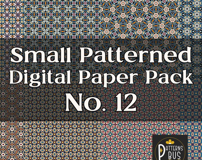Small Patterned Digital Paper Pack No. 12 in hues of Blue, Beige, Green and Orange – Printable Pattern Paper for Junk Journals Download