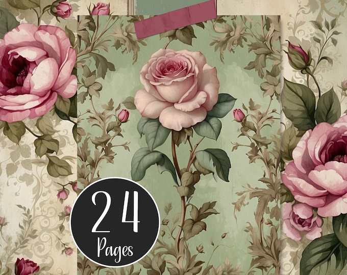 Green and Pink Shabby Digital Paper Pack, Floral Junk Journal Pages, Decoupage, Scrapbooking and Card Making, Journal Printables