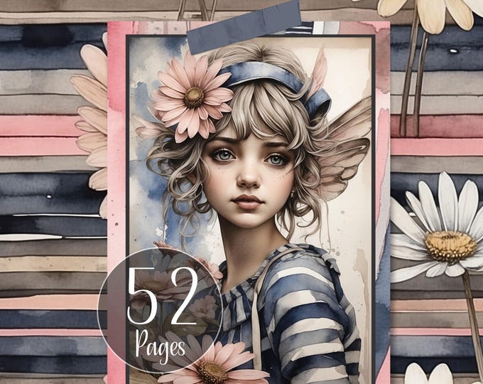 Striped Daisy Fairy Junk Journal Kit in Pink and Blue Fairies Digital Journal Pages Fairy Journal Cards, Envelopes and Tags