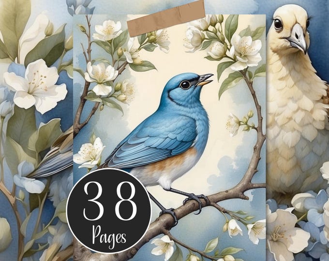Blue Spring Digital Paper Pack, Blue Garden Birds and Pear Blossom Digital Printable for Journals, Card Making and Scrapbooking