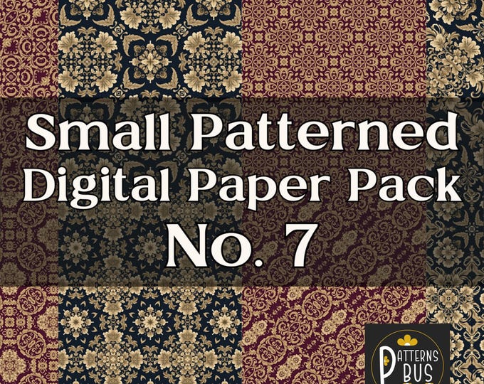 Small Patterned Digital Paper Pack No. 7 in hues of Black with Gold and Burgundy with Gold – Printable Non Directional Patterns