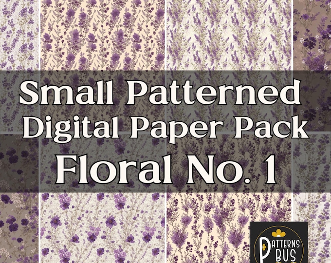 Small Floral Pattern Digital Paper Pack No. 1 in hues of Purple, Beige and Cream | Printable Backgrounds for Junk Journal | Instant Download