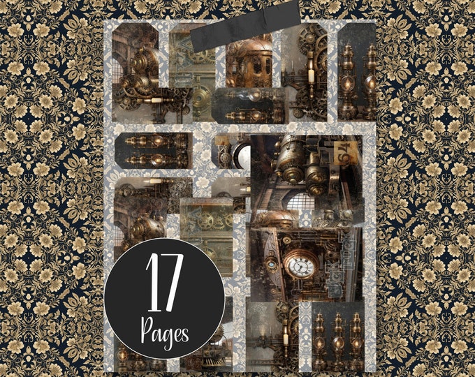 Printable Steampunk Journal Cards Ephemera for Junk Journals Digital Journaling Tags with Trains, Train Carriages, Oil Lamps and Gates