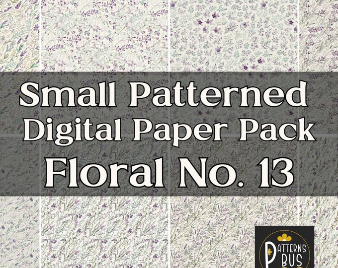 Small Floral Pattern Digital Paper Pack No. 13 in hues of Purple, Lavender, Green and Cream | Purple Flowers | Printable | Instant Download