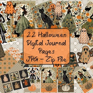 Halloween Journal Pages, Sage Green, Orange, Ephemera (Digital Download)