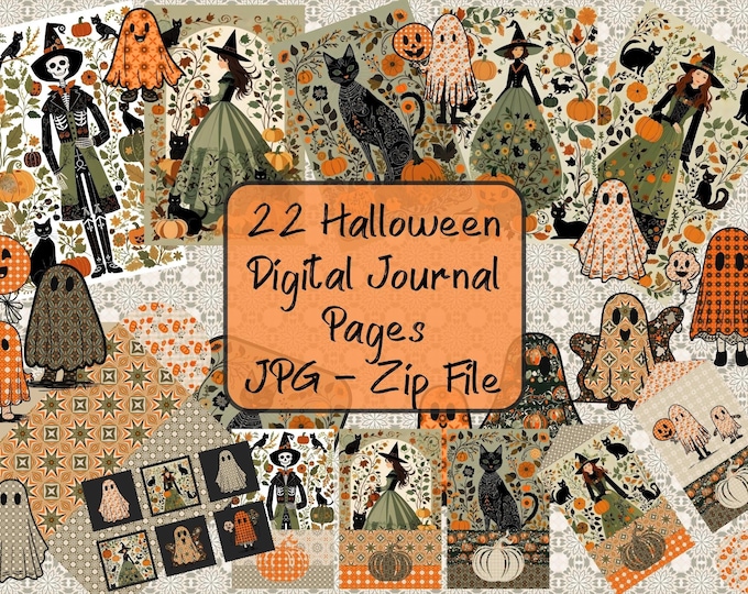 Halloween Digital Papers A4 Sage Green and Orange, Autumn Halloween Journal Pages Ephemera Ghosts, Cute Witches, Skeleton Witch, Black Cat