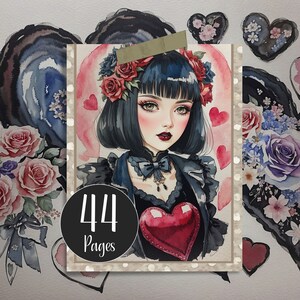Gothic Valentine Journal Pages and Journal Cards, Goth Galentines Day, Gothic Valentines Digital Paper and Ephemera Scrapbooking Card Making