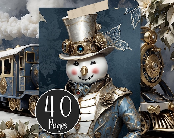 Blue Christmas Paper Pack Digital Printable Snowmen, Elves, Steam Trains, Christmas Trees, X-mas Stockings and Candles