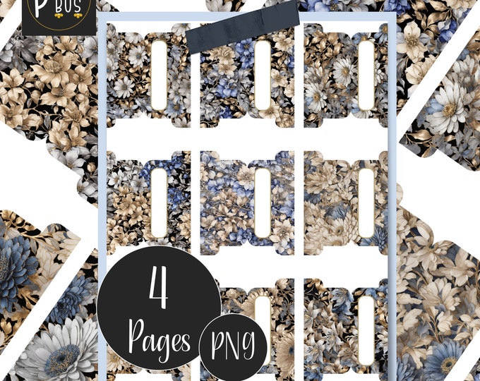 Printable Tabs In Floral Pattern for Bullet Journal, Blue & White Tabs for Planner Organisation, Floral Bible Tabs, PNG Digital Download