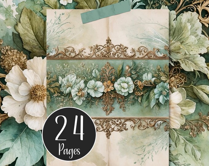 French Shabby Floral Digital Paper Pack in Seafoam Green and Cream for Junk Journals and Scrapbooking Printable Instant Download