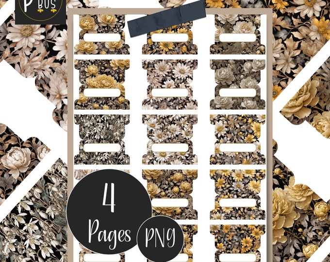 Printable Tabs In Floral Patterns for Bullet Journal, Yellow & White Floral Tabs for Planner Organisation, Bible Tabs, PNG Digital Download