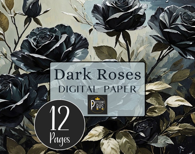 Printable Dark Roses Digital Paper for Junk Journals, Scrap Book Projects and Card Making, Roses with Black, Sage Green & Seafoam Blue Hues