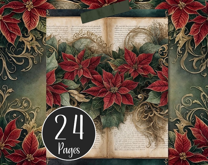 Poinsettias Digital Paper Pack for Christmas Junk Journals, Floral Christmas Rose, Decoupage, Collage, Scrapbooking and Card Making