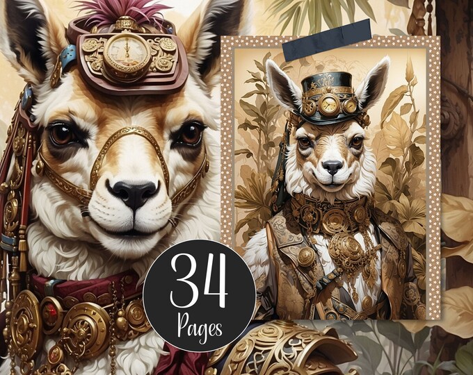 Steampunk Junk Journal Kit, Digital Paper Pack, Lama Paper, Llama Journal Pages, Alpaca Scrapbook Paper, Steampunk Printables Ephemera