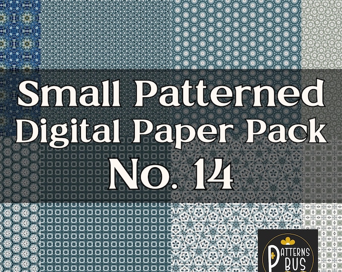 Small Patterned Digital Paper Pack No. 14 in hues of Blue, Teal, Sage Green and Cream – Printable Pattern Paper for Junk Journals Download