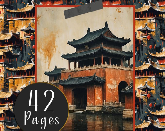 Chinese Ephemera 42 Digital Papers of Themed Scenes of China for Junk Journals, The Forbidden City, Mountain Pass Gates, Great Wall of China