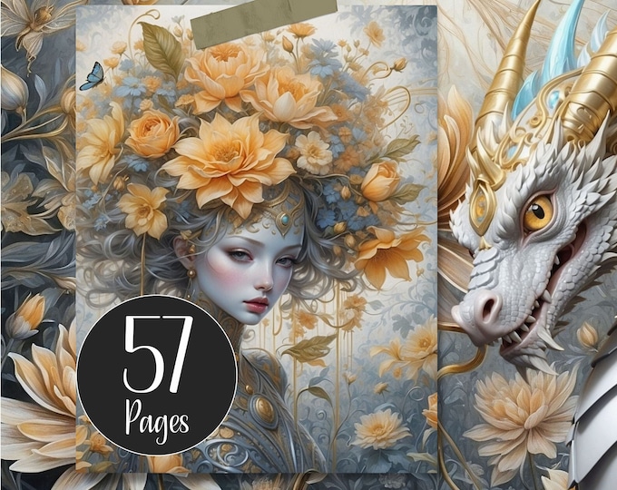 Golden Fairy Dragon Junk Journal Kit with Ephemera, Dragon Digital Paper Gold and Blue Pages for Journaling,  Dragon Scrapbook Paper