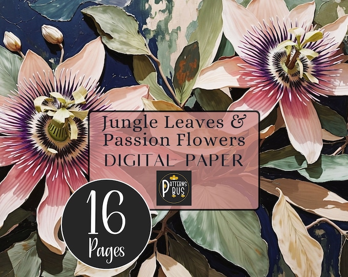Jungle Leaves and Passion Flowers, Junk Journal Background Pages in Green and Pink, Printable Journal Pages, A4 Digital Paper, Download