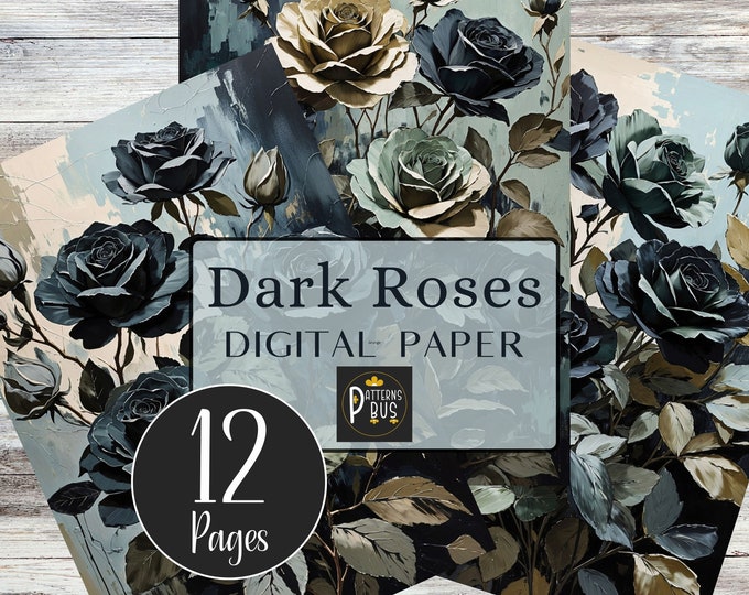Dark Roses Printable Tall Digital Paper for Junk Journals, Scrap Book Projects, Card Making, Roses in Black, Sage Green & Seafoam Blue Hues