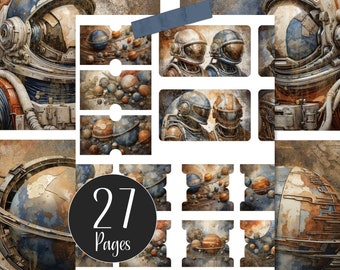 Grunge Space Junk Journal Ephemera Kit, Astronauts, Planets (Digital Download)