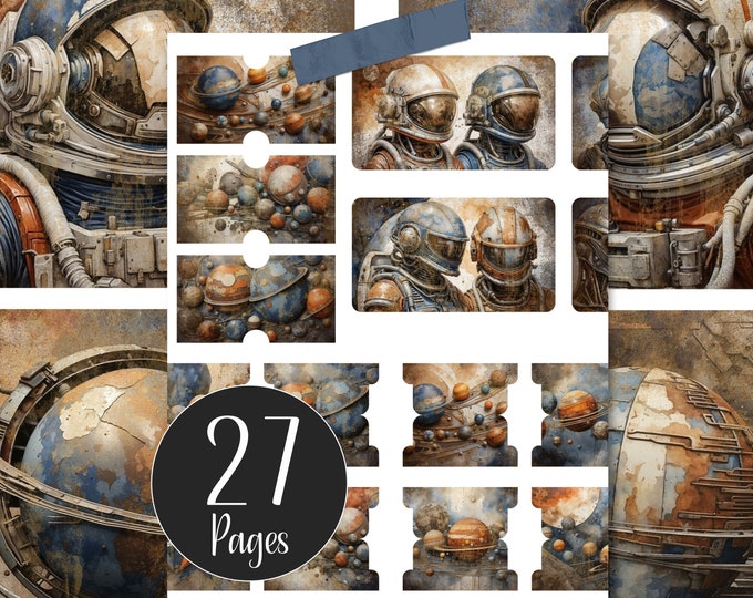 Grunge Space Junk Journal Ephemera Add 0n Kit, Printable Space Ephemera of Astronauts, Cosmonauts, Aliens, Rockets, Planets