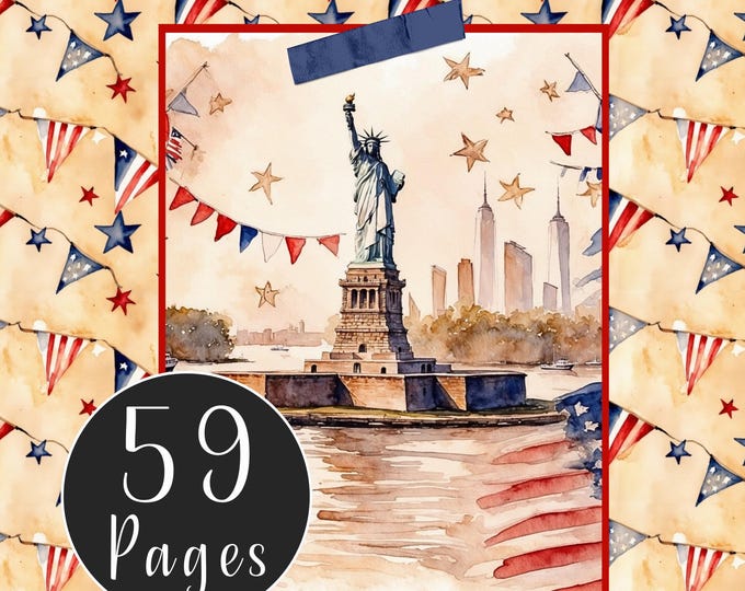 New York 4th July Junk Journal - American Independence Day Paper Pack, 59 Pages of Digital Papers in a Watercolour Style, Instant Download