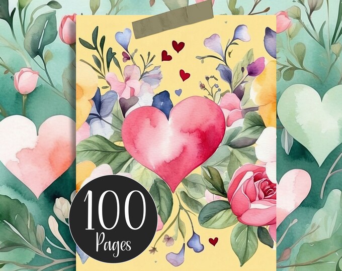 Pastel Hearts Printable Digital Paper Valentine Journal Pages Bundle 100 Pages of Watercolour Hearts Digi Paper in Yellow, Blue, Red & Green