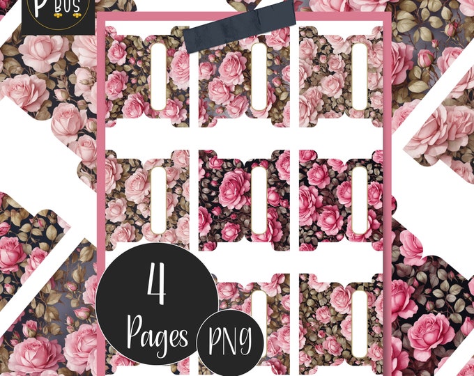 Printable Tabs for Bullet Journal, Pink Roses Planner Tab Dividers for Organisation, Wedding Planning, Journal Page Tab Add-on