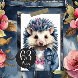 Hedgehogs In Denim Junk Journal Kit with Ephemera, Hedgehog Journal Pages and Floral Denim Blue Digital Paper for Scrapbooking, Card Making