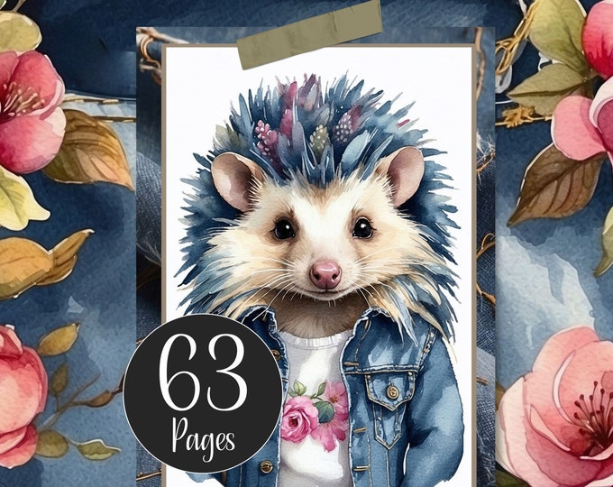 Hedgehogs In Denim Junk Journal Kit with Ephemera, Hedgehog Journal Pages and Floral Denim Blue Digital Paper for Scrapbooking, Card Making