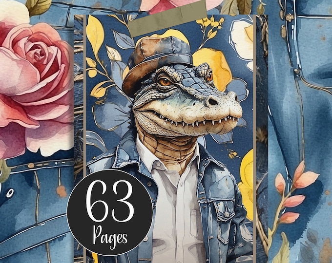 Crocodile in Denim Junk Journal Kit | Printable Ephemera and Denim-Themed Digital Papers for Journals and Papercrafts