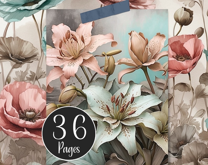 Floral Mix Digital Paper Pack, Junk Journal Background Pages in Seafoam Green and Pink, Papercraft, Decoupage, Scrapbooking and Card Making