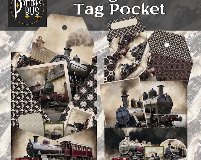 Loaded Tag Pocket Ephemera Kit | Printable Vintage Steam Train Embellishment for Junk Journals | BONUS of 8 complimentary background pages