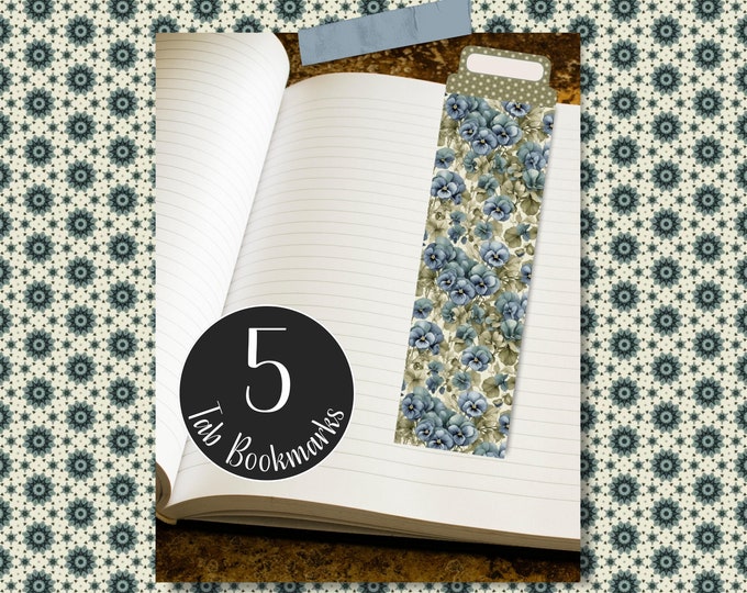 Pansy Bookmark with a Tab Top, Green and Blue Floral Book Mark, Printable Bookmark for Book Lovers DIY Gift Ideas
