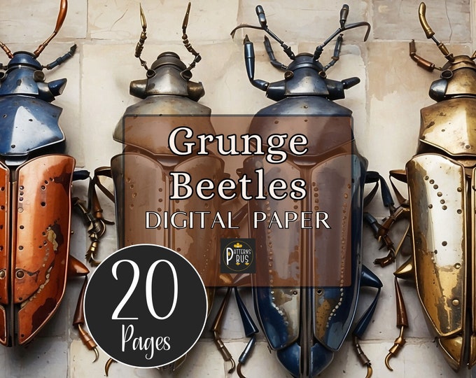 Printable Grunge Beetles Junk Journal Pages, Insect Scrapbook Paper in Sepia, Rust and Indigo Blue, Bugs Digital Paper, Instant Download