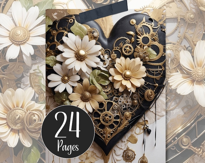 Printable Digital Paper Steampunk Daisy Hearts in Black and Gold for Valentine and Wedding Paper Crafting, Journaling and Card Making