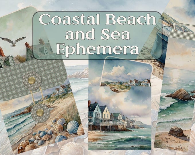 Coastal Beach and Sea Pocket with Policy Closure, Library Card Pocket, Bookmark, Mini Notebook Cover, Tags, Journal Cards, Instant Download