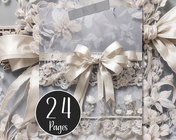 White Ribbons and Lace Digital Paper Pack for Journals, Collage, Scrapbooking and Wedding Card Making