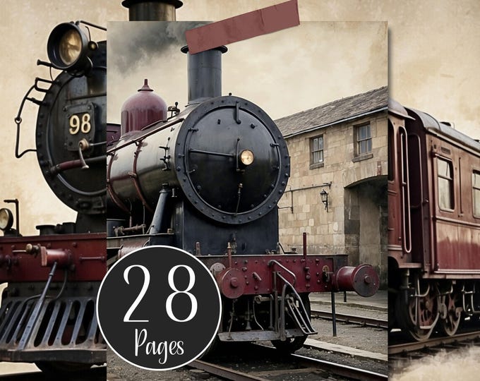 Vintage Steam Train Paper Pack. Locomotive, Digital Printable for Journals and Collage Art