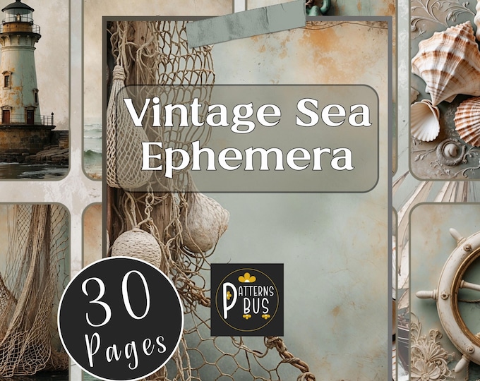 Vintage Sea Ephemera Pack | Nautical Ephemera for Junk Journals | Maritime Sea and Beach Scenes Boats, Lighthouses, Fishing Nets