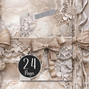 Cream and Sepia Ribbons and Lace Digital Paper Pack for Journals, Collage, Scrapbooking and Wedding Card Making