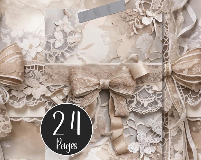 Cream and Sepia Ribbons and Lace Digital Paper Pack for Journals, Collage, Scrapbooking and Wedding Card Making